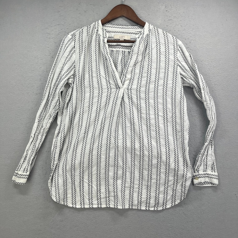 LOFT Blouse Womens Small White Black Dash Stripe Split Neck Long Sleeve Casual